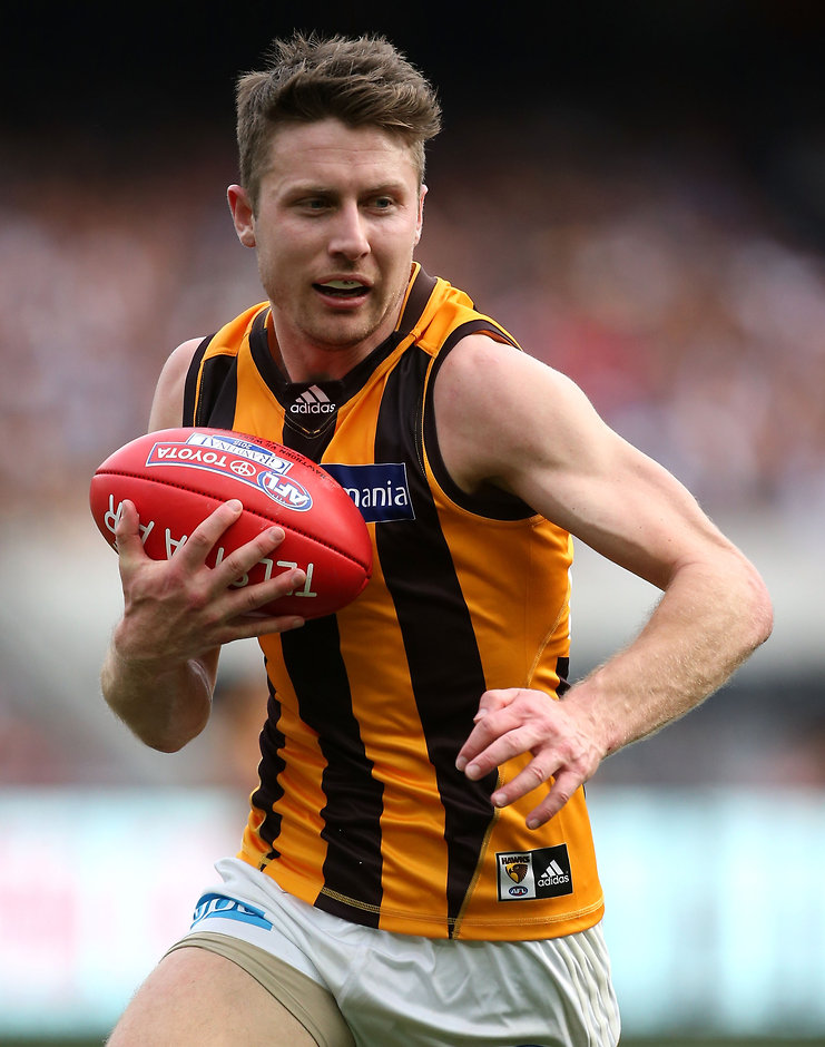 2015 Toyota AFL Grand Final - Hawthorn v West Coast MELBOURNE, AUSTRALIA - OCTOBER 3: Liam Shiels of the Hawks in action during the 2015 Toyota AFL Grand Final match between the Hawthorn Hawks and the West Coast Eagles at the Melbourne Cricket Ground, Melbourne, Australia on October 3, 2015. (Photo by Adam Trafford/AFL Media)